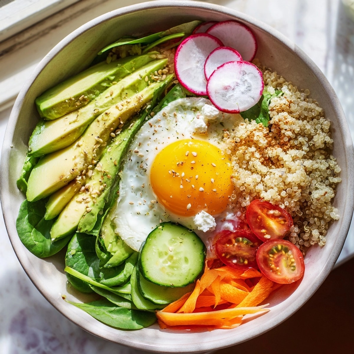 Bright West Coast Avocado Toast Breakfast Bowl loaded with vegetables, grains, egg, everything bagel spice.