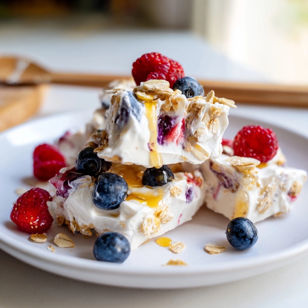 Frozen Greek Yogurt Berry Bark with colorful fresh berries and crunchy granola.