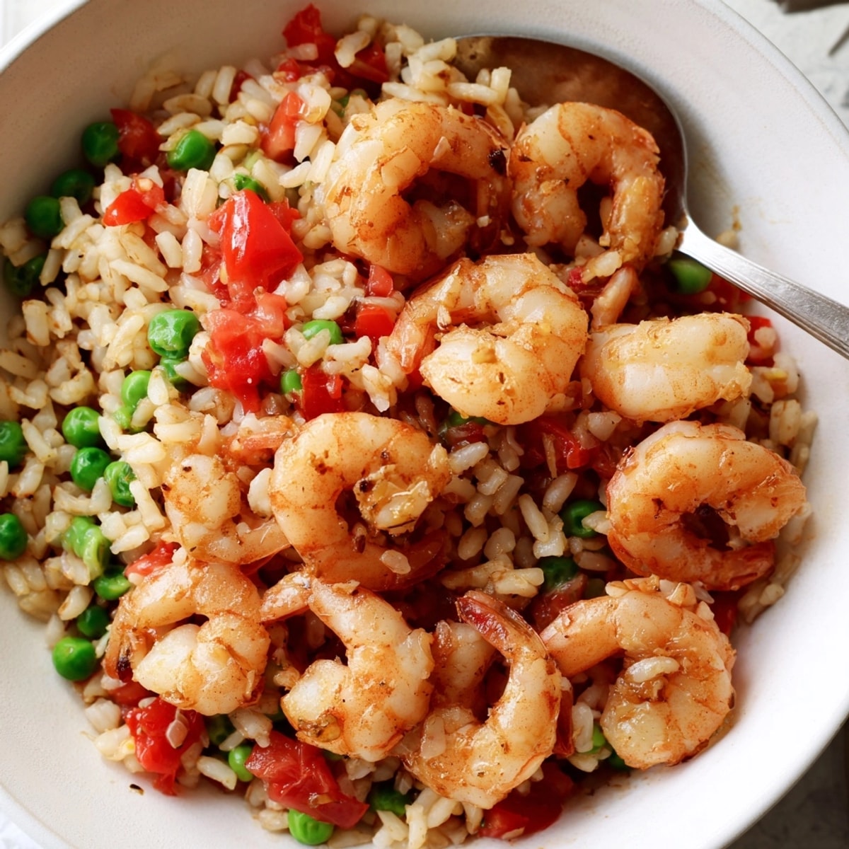 Savory Skillet Shrimp &amp; Rice recipe: steaming, fluffy rice with perfectly pink shrimp.