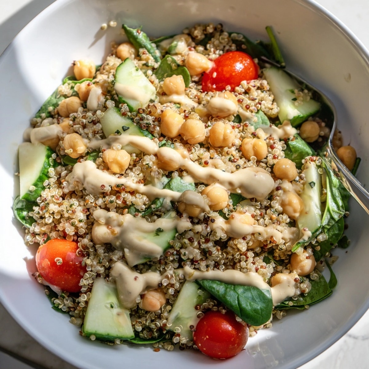 Vibrant quinoa power bowls: fluffy quinoa, crisp veggies, and creamy lemon-tahini dressing.
