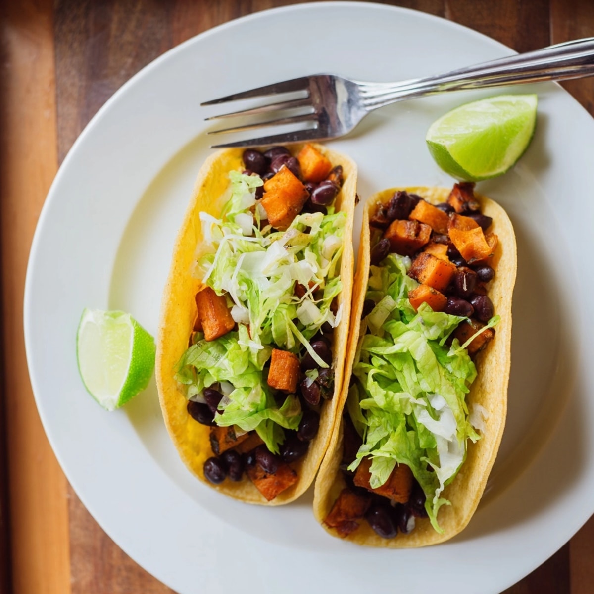 Sweet Potato Black Bean Tacos: vibrant roasted filling spilling from crispy taco shells.