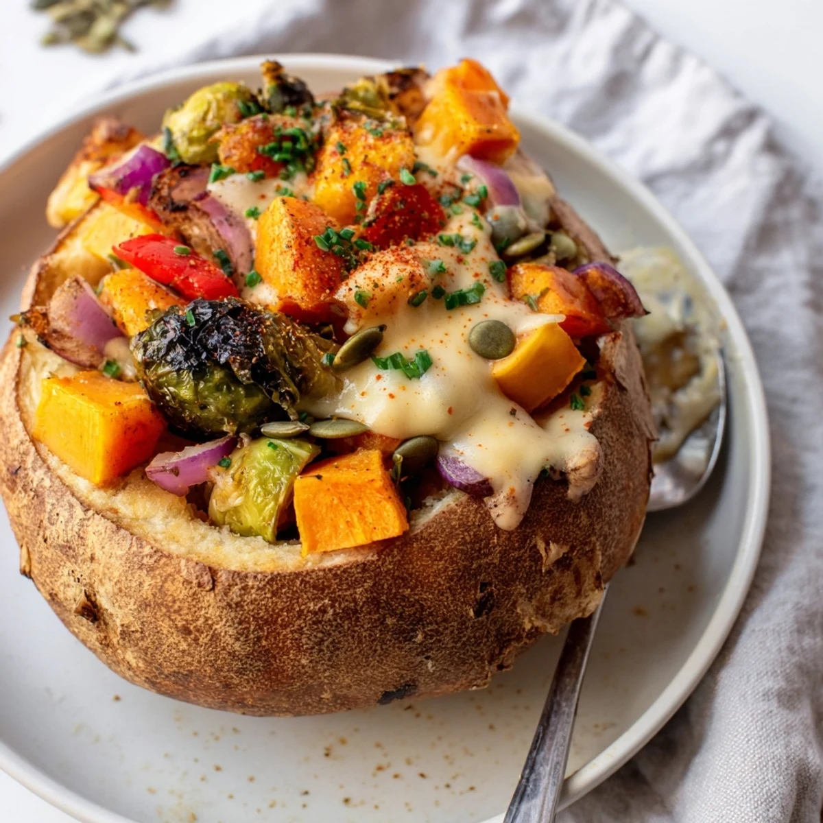 Creamy Thanksgiving Veggie Stuffed Dip Bowls surrounded by roasted autumn vegetables and crusty bread.  