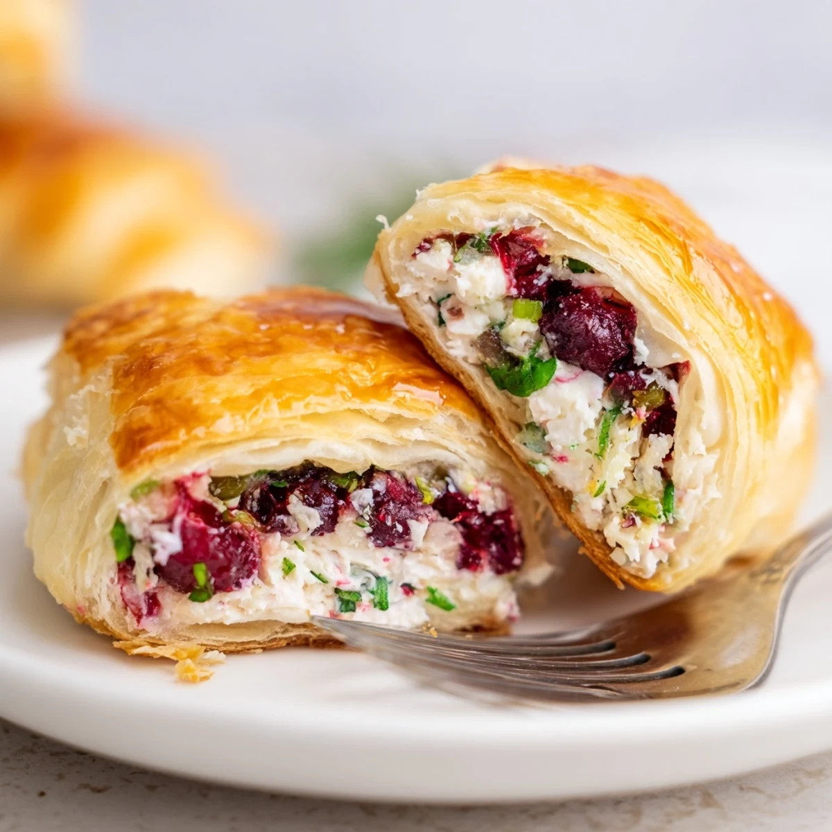 Golden puff pastries with tangy cranberry jalapeño cream cheese, a delightful appetizer.  