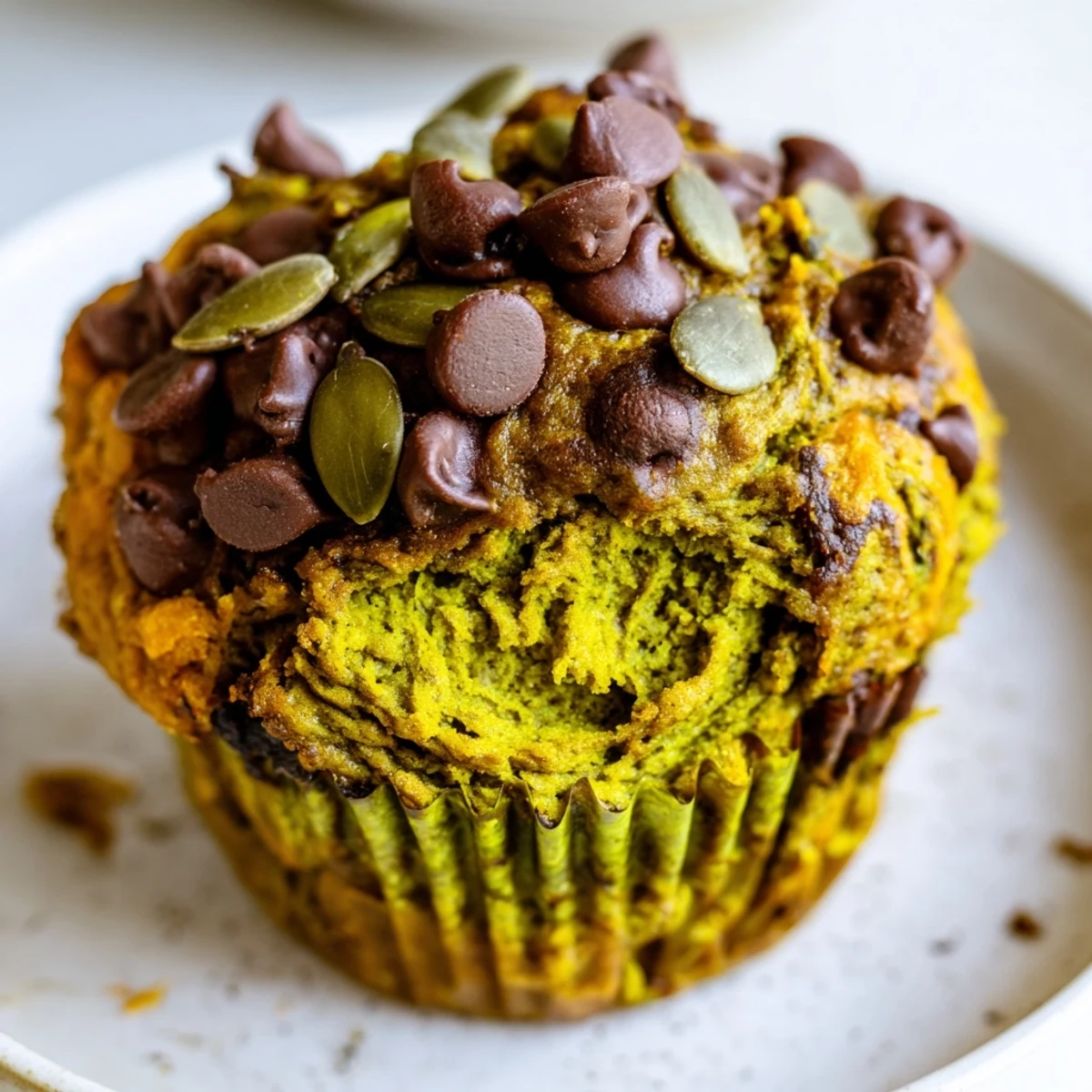 Moist vegan matcha pumpkin muffins fresh out of the oven, perfect for breakfast.  