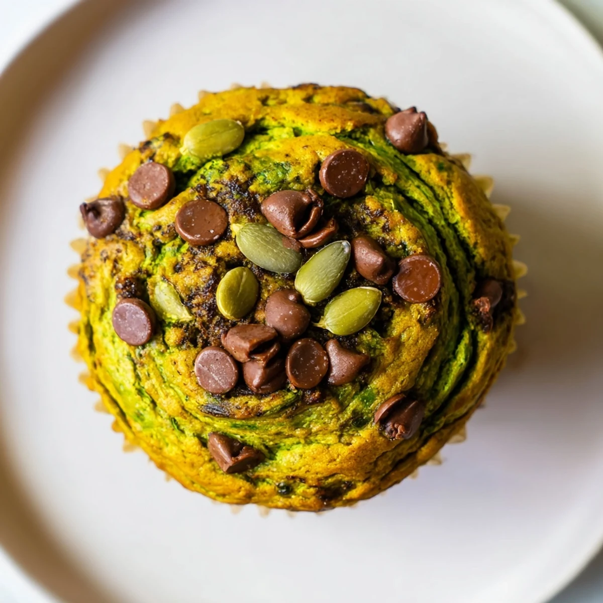 Fluffy matcha pumpkin muffins topped with pumpkin seeds, ideal for a healthy snack.  