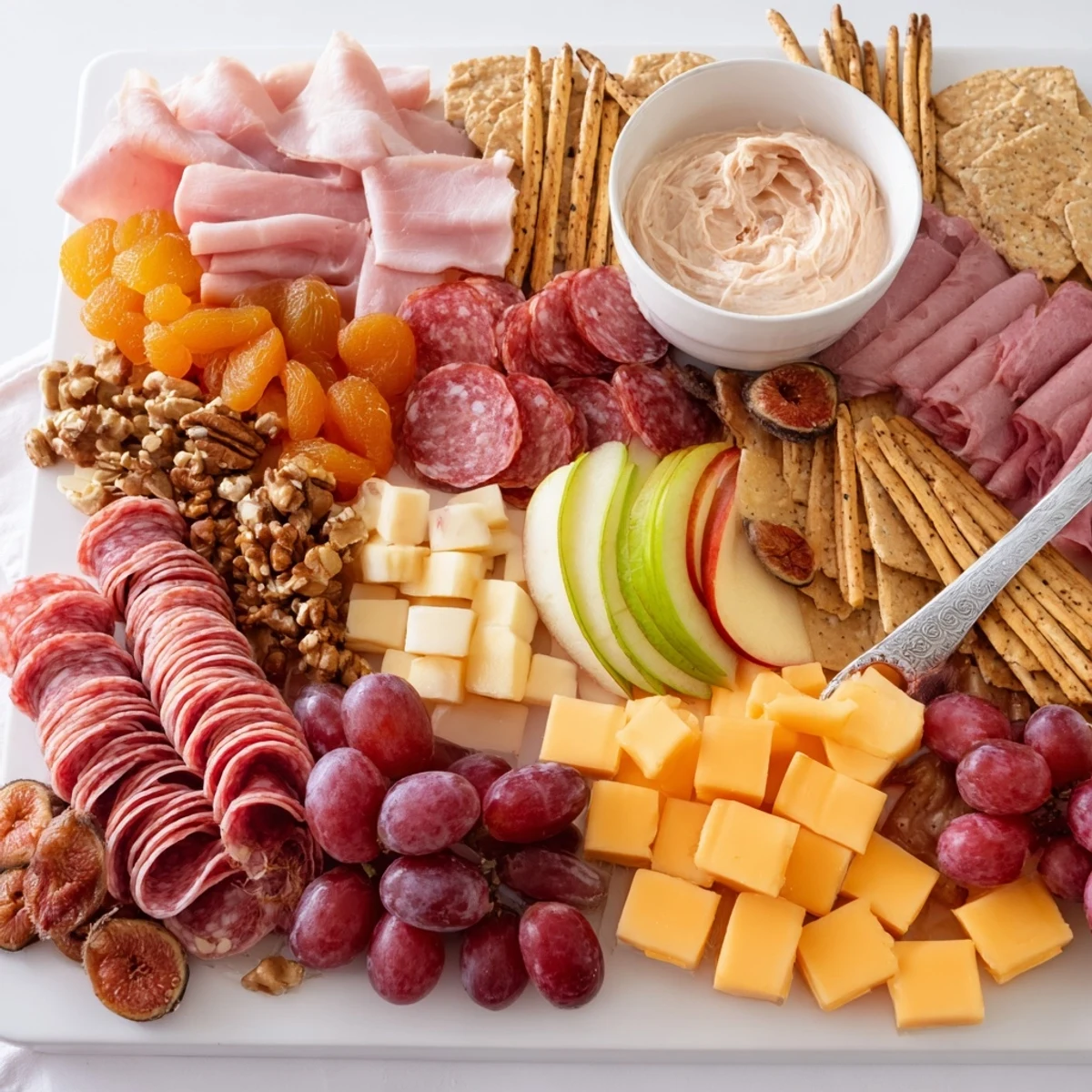 A festive charcuterie board with gingerbread dip, featuring cheese, fruits, and meats.  
