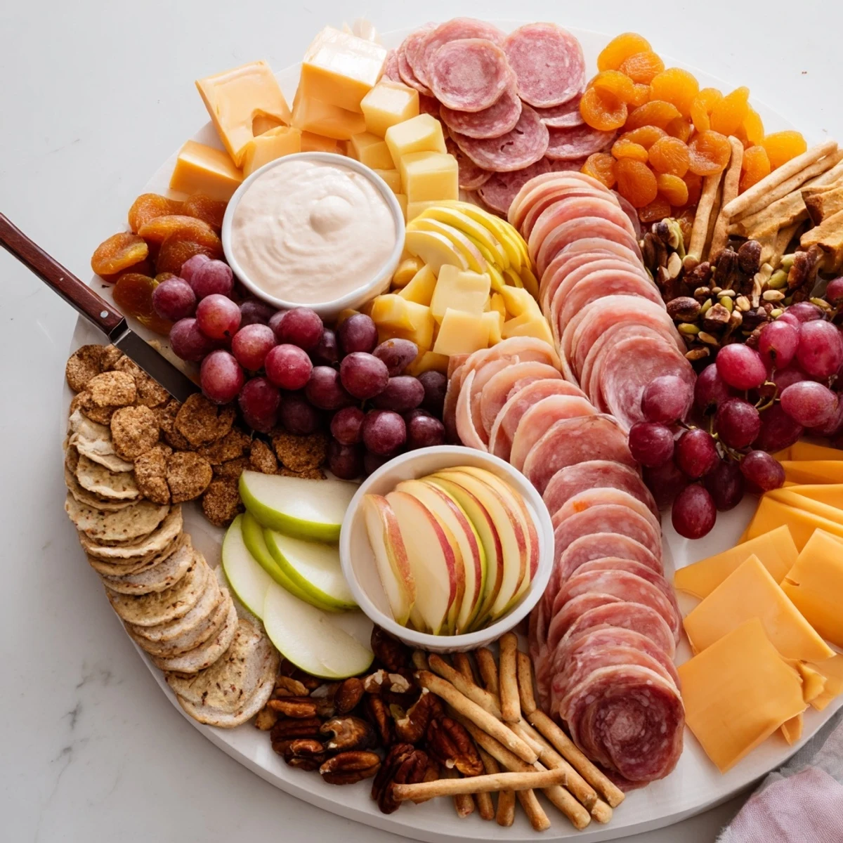 Elegant charcuterie board with creamy gingerbread dip, ideal for festive entertaining or snacking.