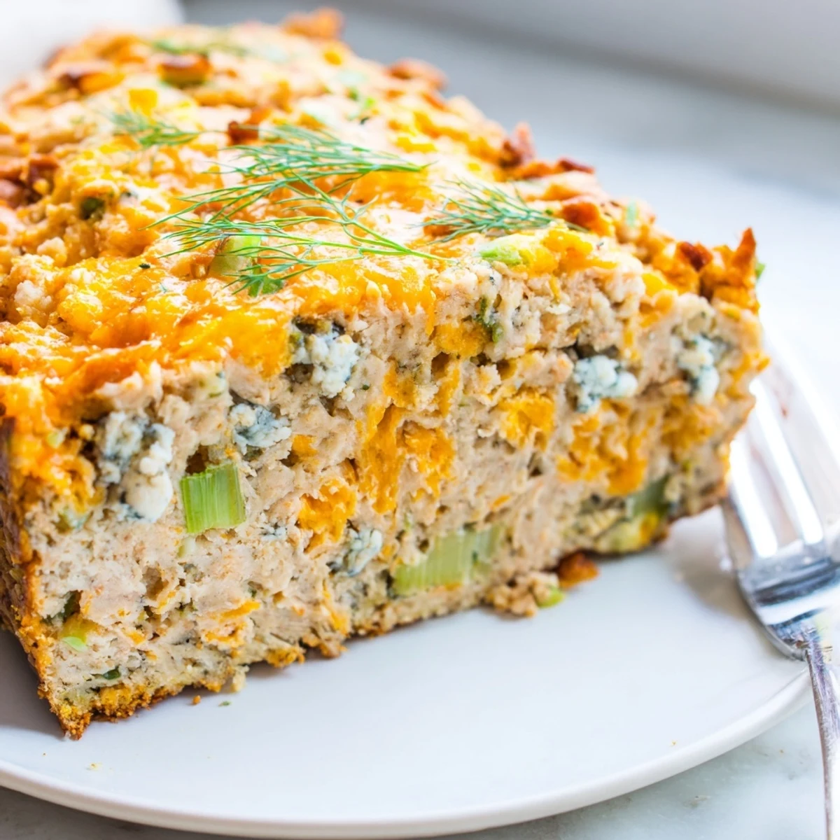 Warm, spicy Buffalo Ranch Chaos Cake Loaf topped with rich ranch cream.
