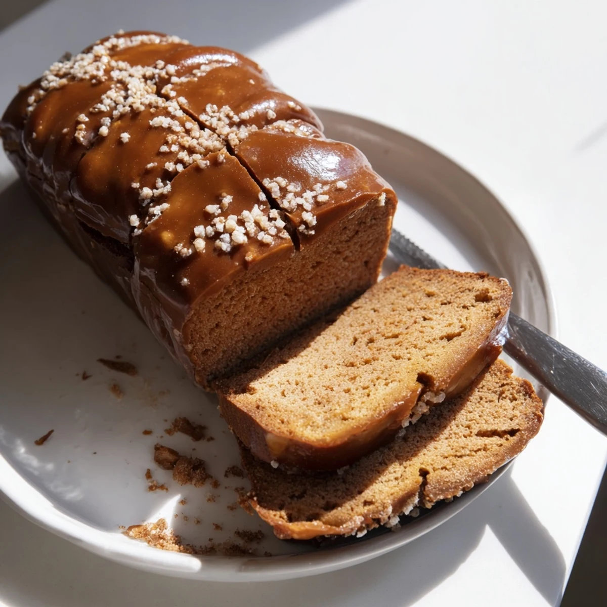 Aromatic Maple Ginger Cinnamon Pretzel Loaf drizzled with sweet maple glaze, fresh out of the oven.