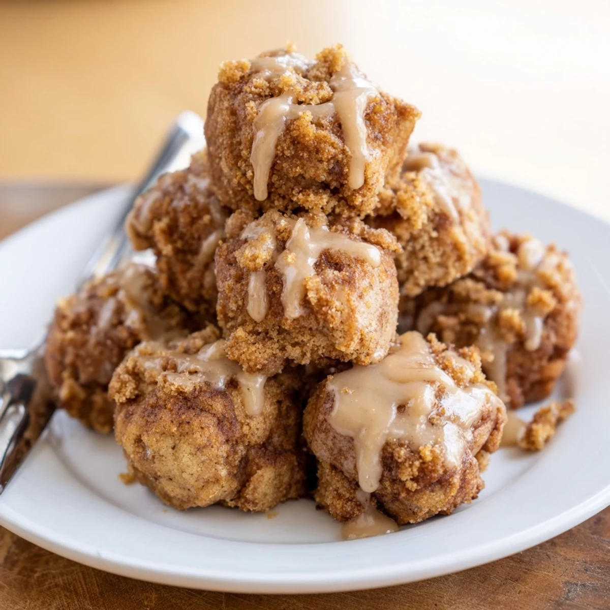 Moist coffee cream biscuit muffin bites drizzled with a luscious coffee glaze.  
