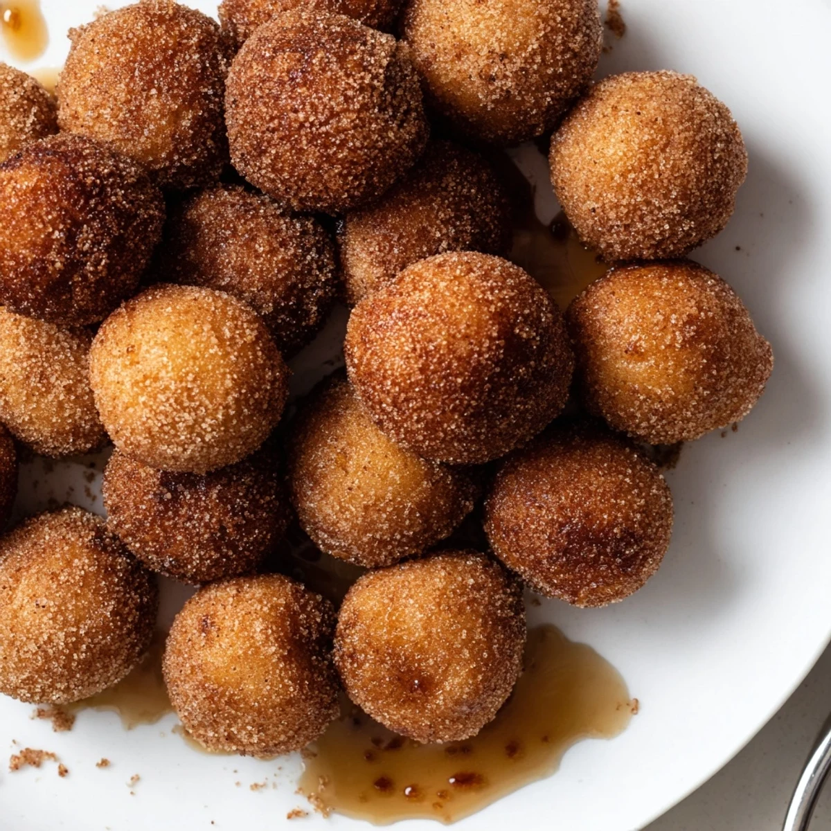 Fluffy maple bourbon cinnamon pancake balls dusted with sugar, perfect for brunch.