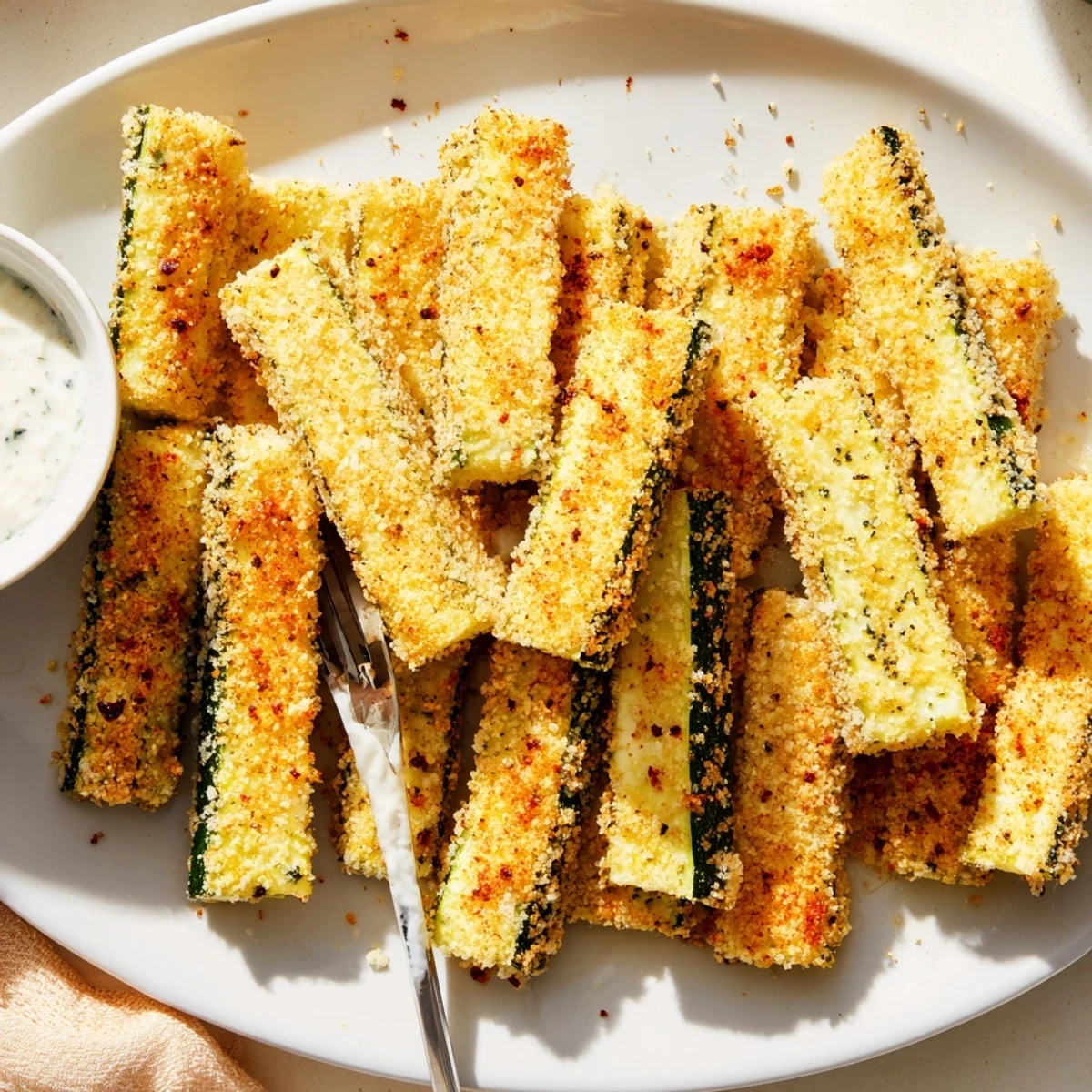 Lightly breaded air fryer zucchini fries served with creamy garlic aioli.  