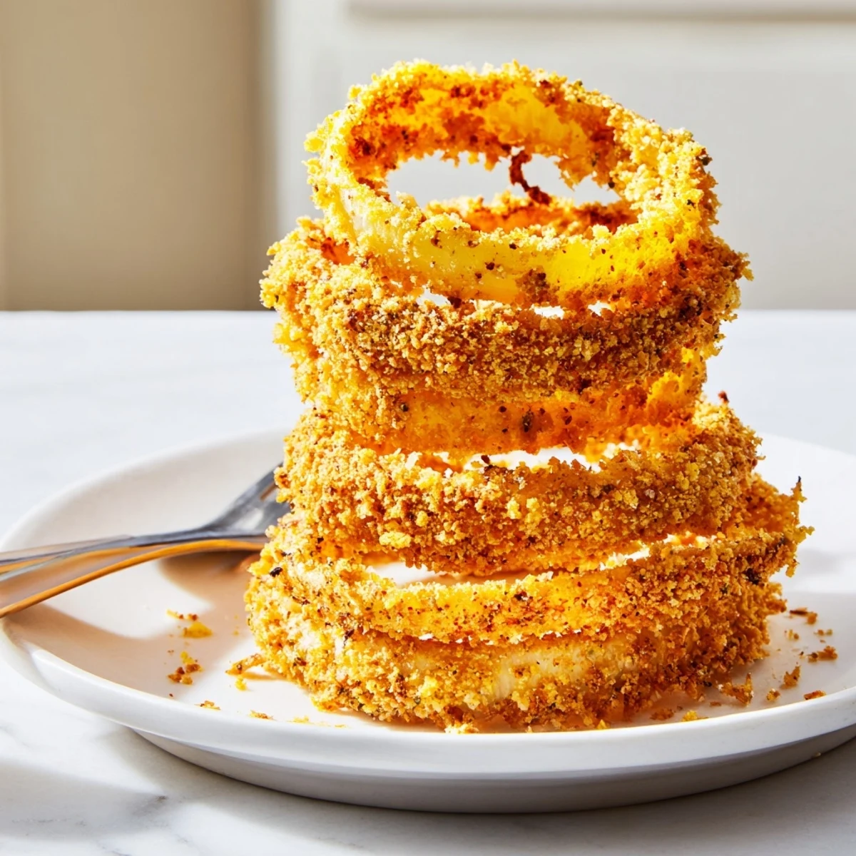 Golden-brown air fryer onion rings, perfectly crunchy and inviting for all.  