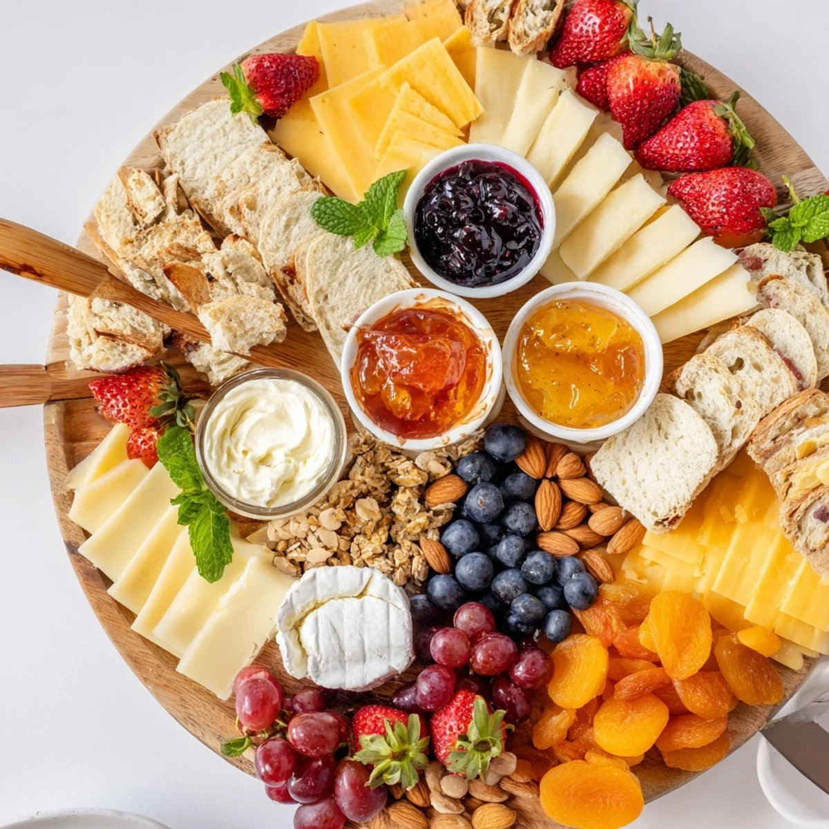 A stunning jam-infused brunch board featuring vibrant fruits, cheeses, and artisan bread.  