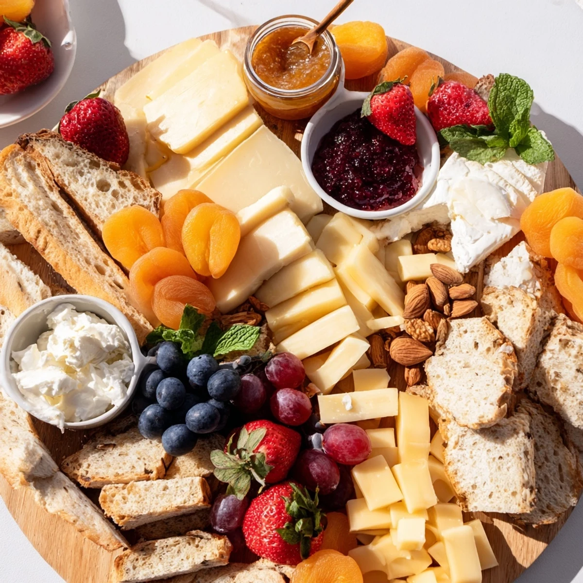 Colorful jam-infused brunch board artfully arranged with fresh fruits and savory cheeses.  