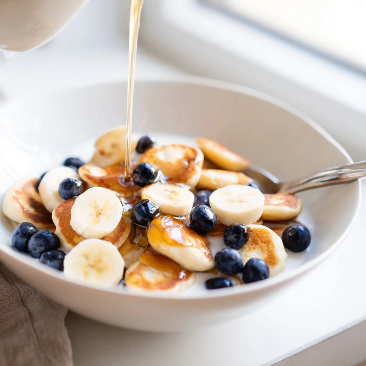 Deliciously fluffy mini pancake cereal served with milk and colorful fruit toppings.  