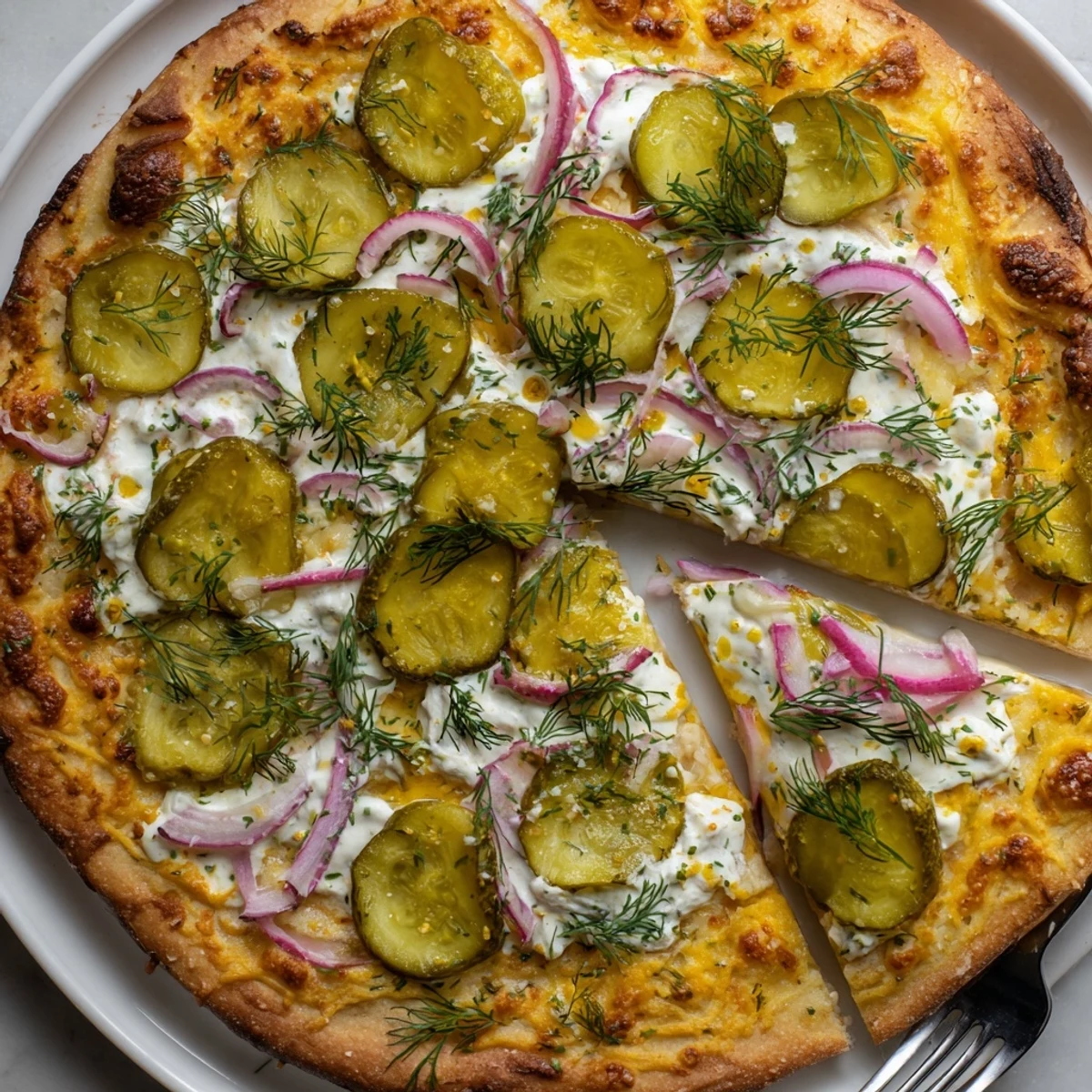 Deliciously cheesy Pickle Pizza topped with fresh dill and zesty garlic sauce.  