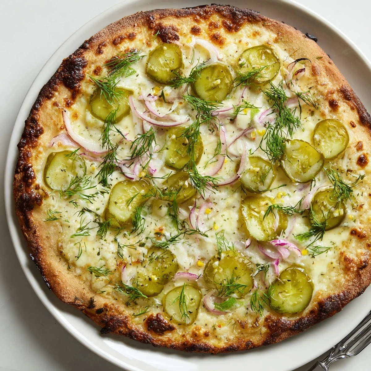 Tangy Pickle Pizza loaded with creamy crème fraîche and crunchy dill pickles.  