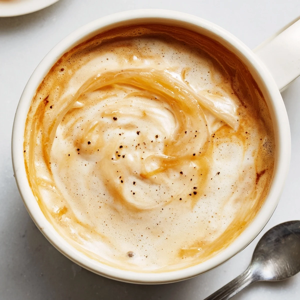 Bold onion latte topped with frothy milk, offering a unique flavor experience.  