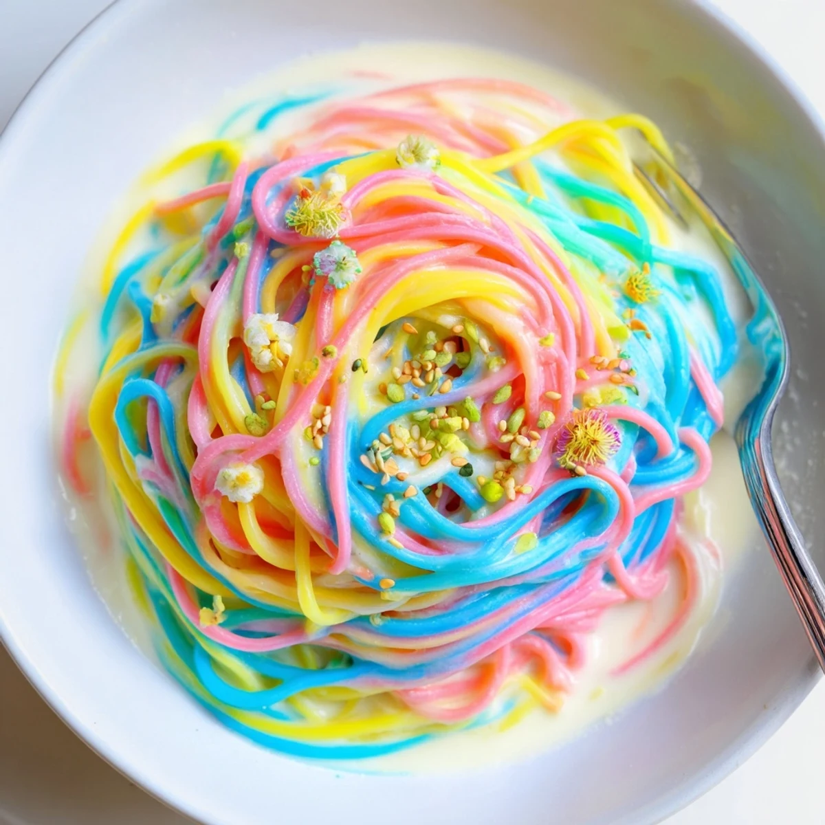 Vibrant Neon Noodle Cloud dish drizzled with creamy sauce and garnished beautifully.  