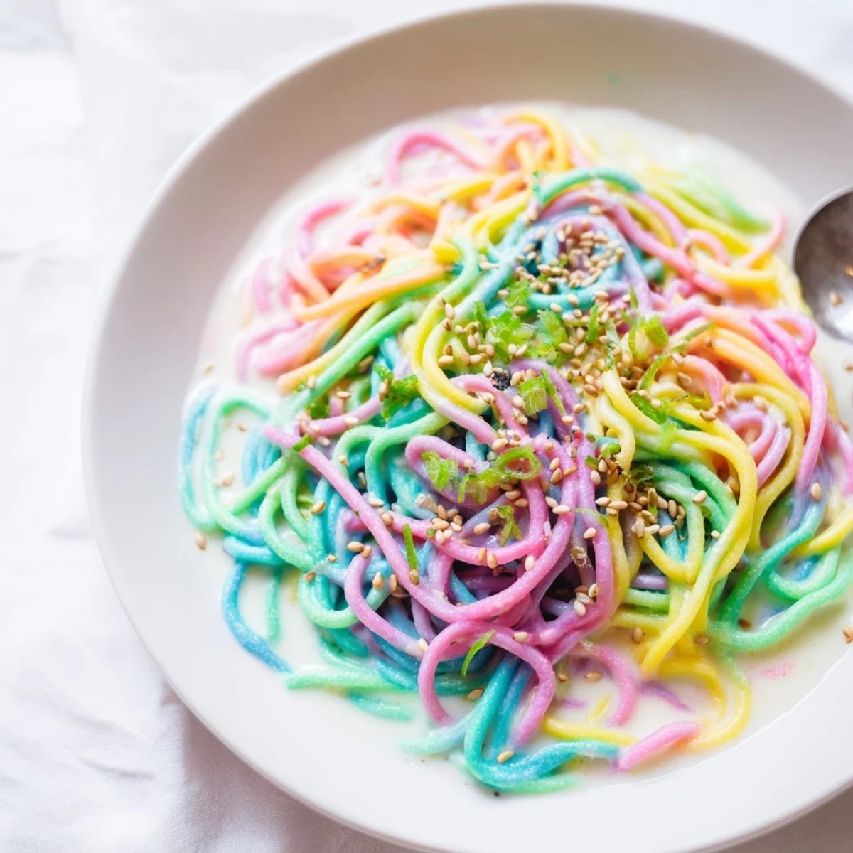 Colorful Neon Noodle Cloud with creamy cloud sauce, perfect for playful dining occasions.  