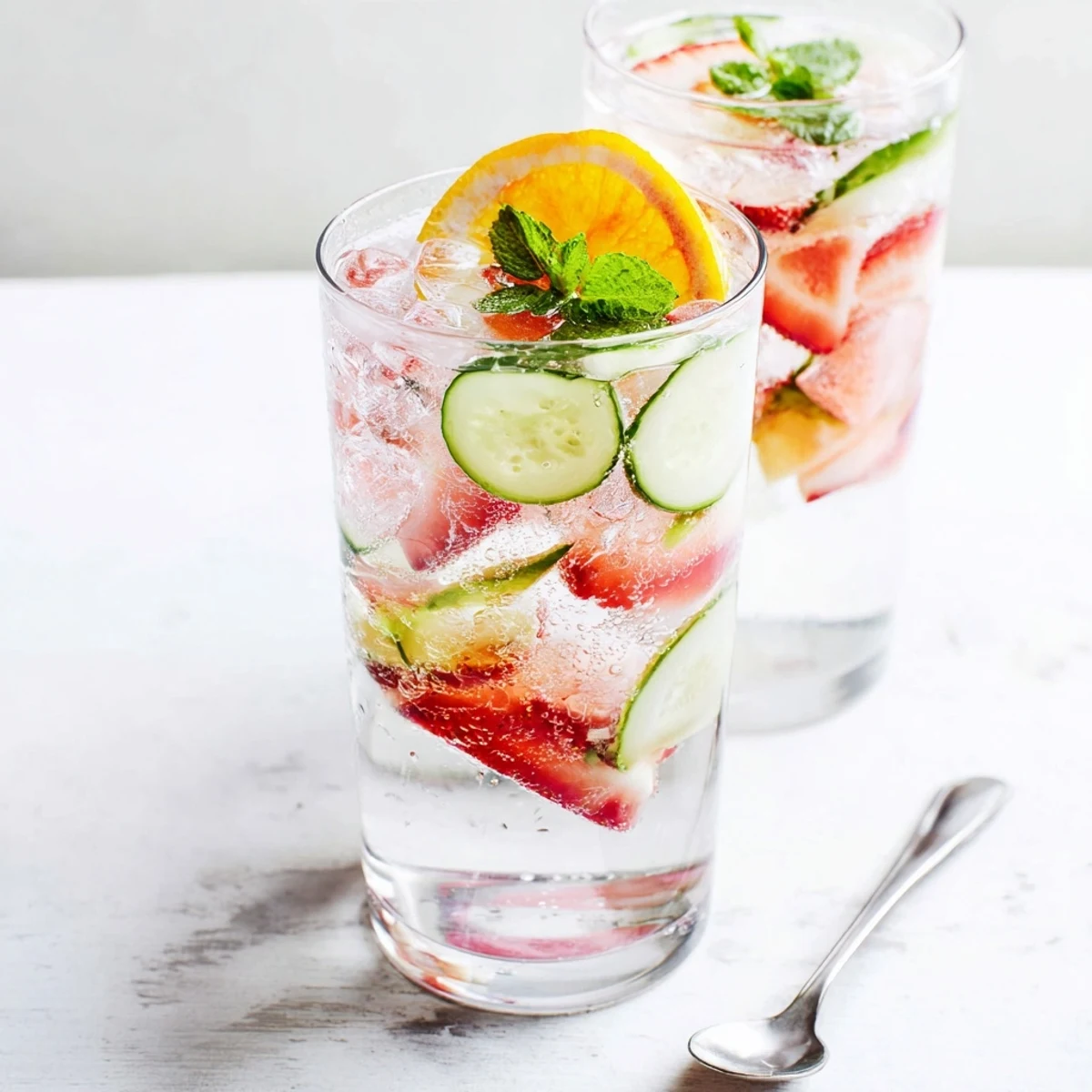 Refreshing water-based mocktails garnished with fresh fruit and mint sprigs.  