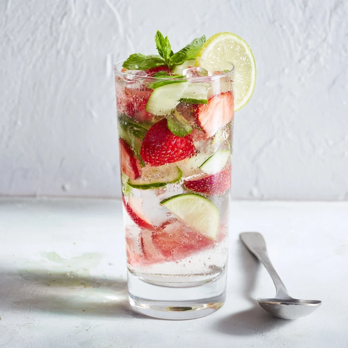 Colorful mocktails made with fruit slices, herbs, and flavored water enhancers.