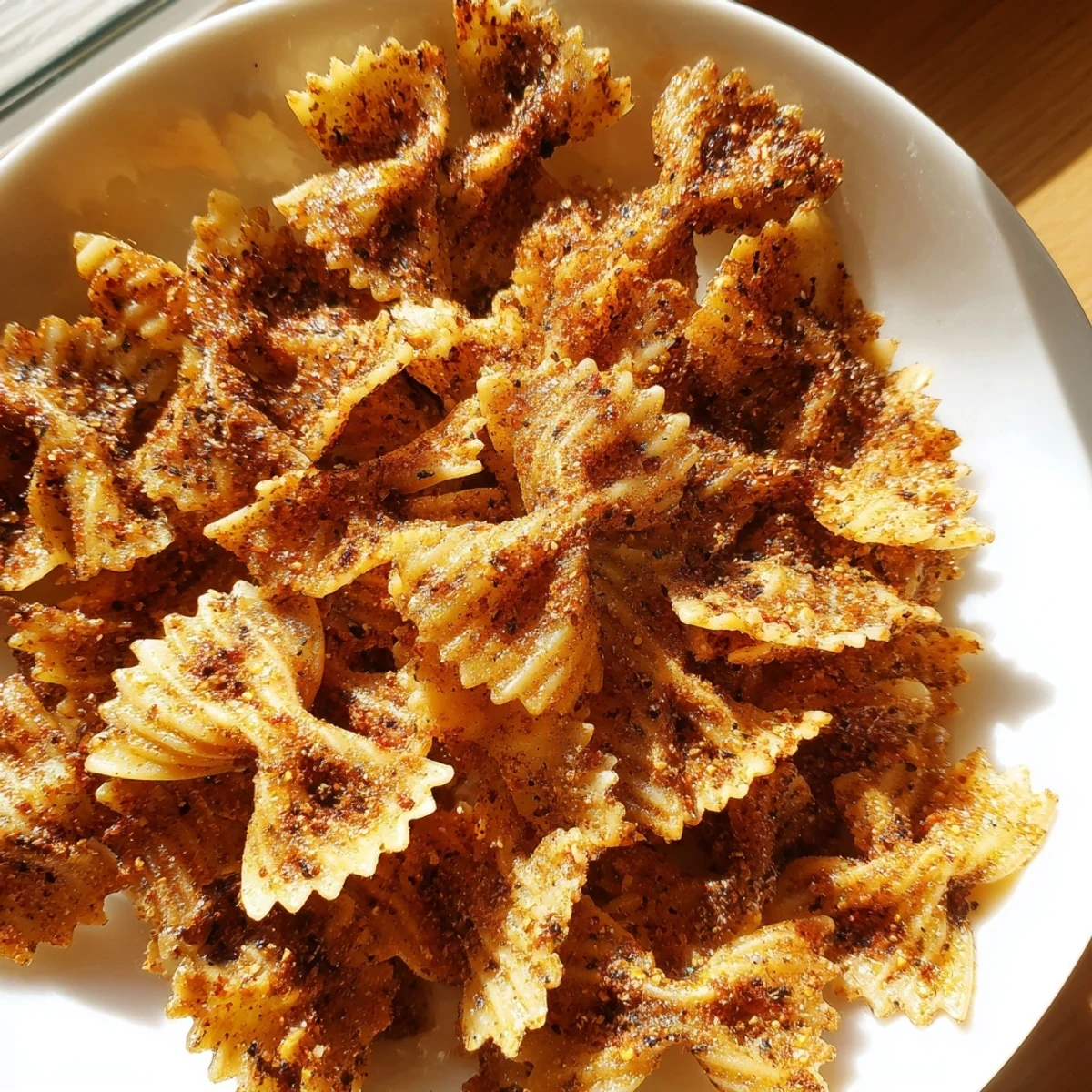 Golden-baked pasta chips seasoned with garlic and paprika, ideal for tasty snacking.