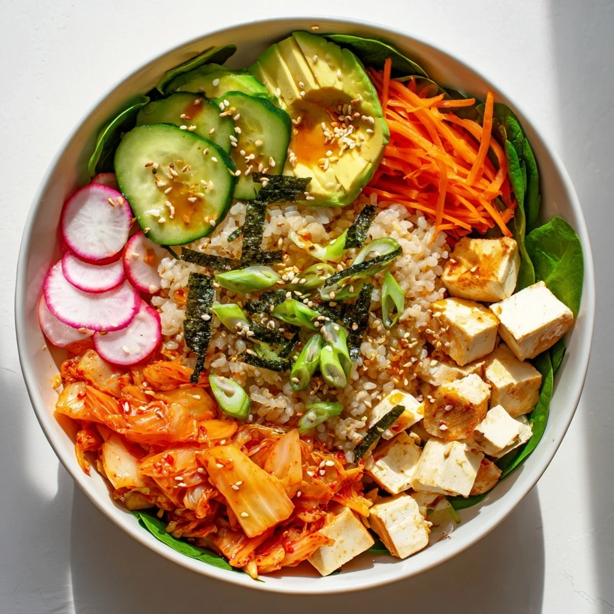 A colorful fermented vegetable bowl featuring kimchi, fresh veggies, and wholesome grains.  