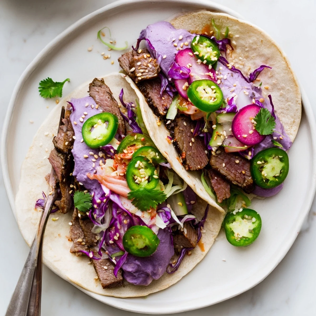 Vibrant Global Street-Food Fusion Tacos topped with fresh kimchi and ube crema.