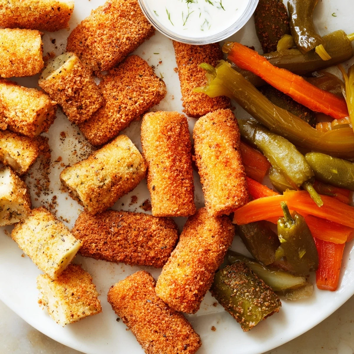 Crispy fried pickles and colorful pickled vegetables on a rustic platter, pickle lovers meal.