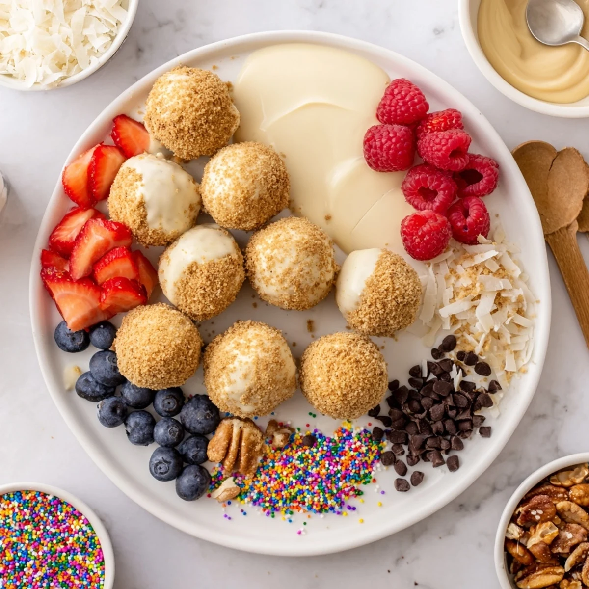 Decadent deconstructed dessert board showcasing cheesecake bites and vibrant toppings.  