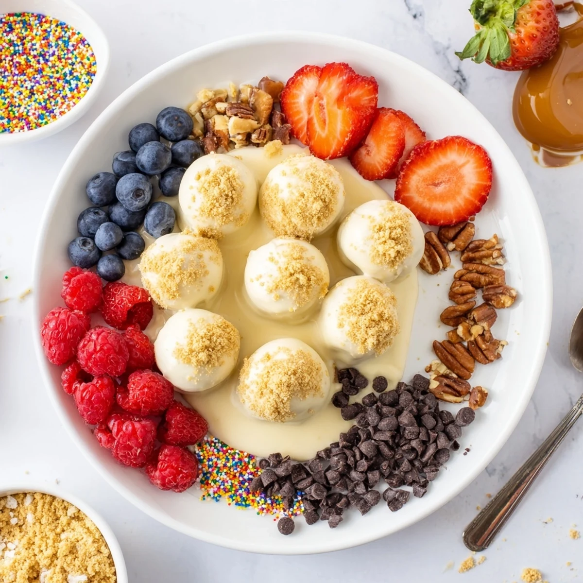 Interactive cheesecake bites dessert board with fresh fruits and rich sauces.  