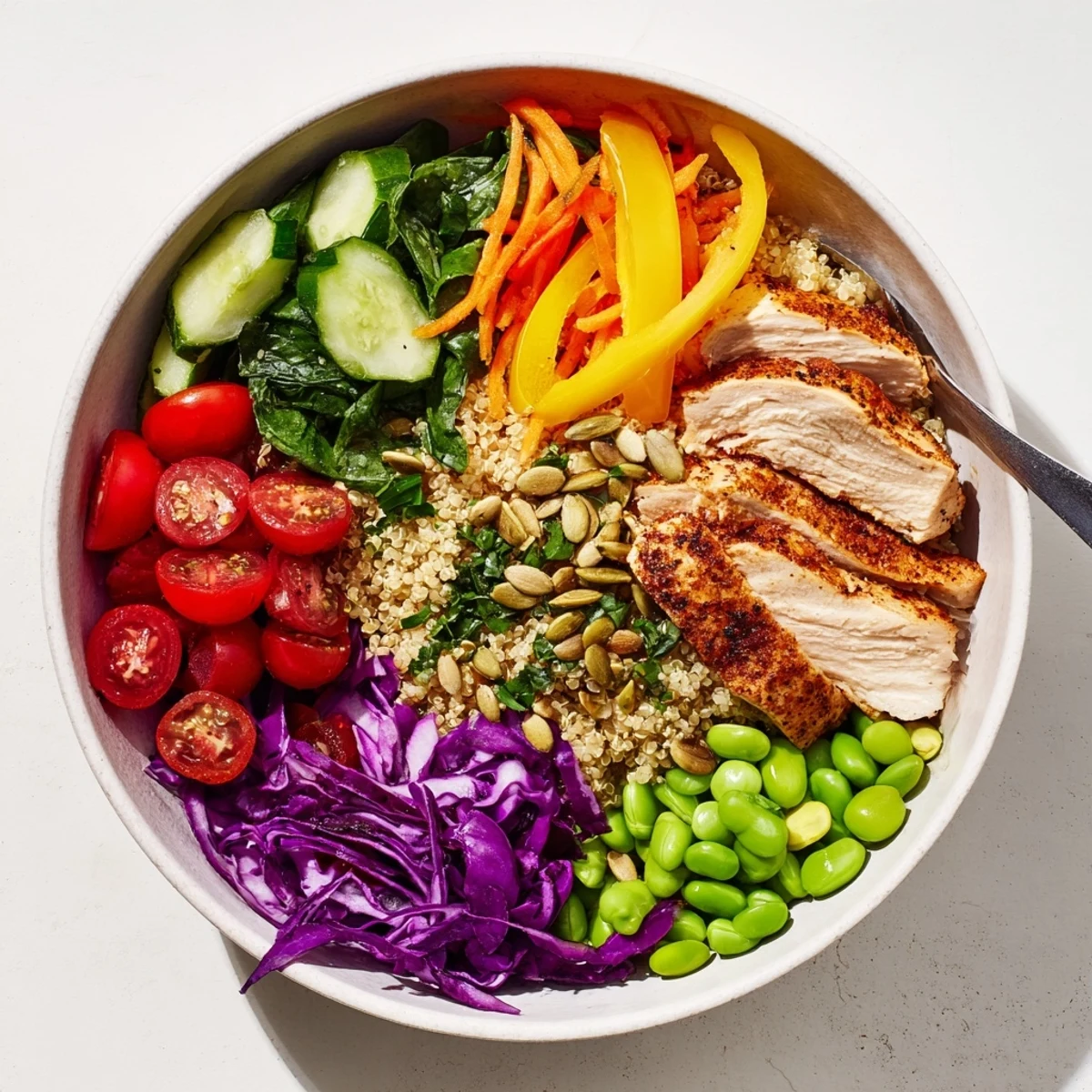 Nutrient-rich Healthy Meal-Prep Bowls with grilled chicken and zesty dressing drizzled.  