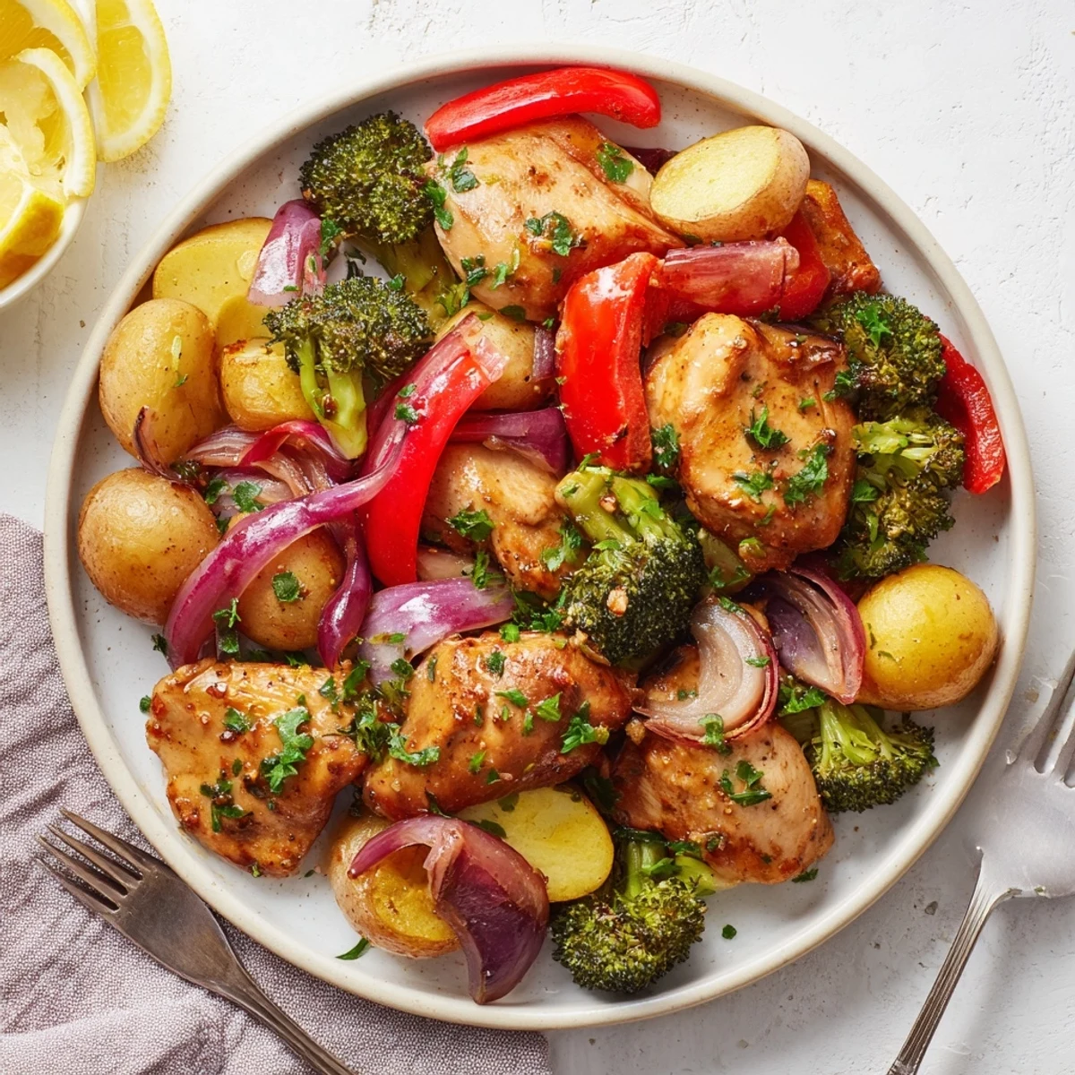 Juicy Lazy Gourmet Chicken & Vegetable One-Pot served with fresh lemon wedges.  