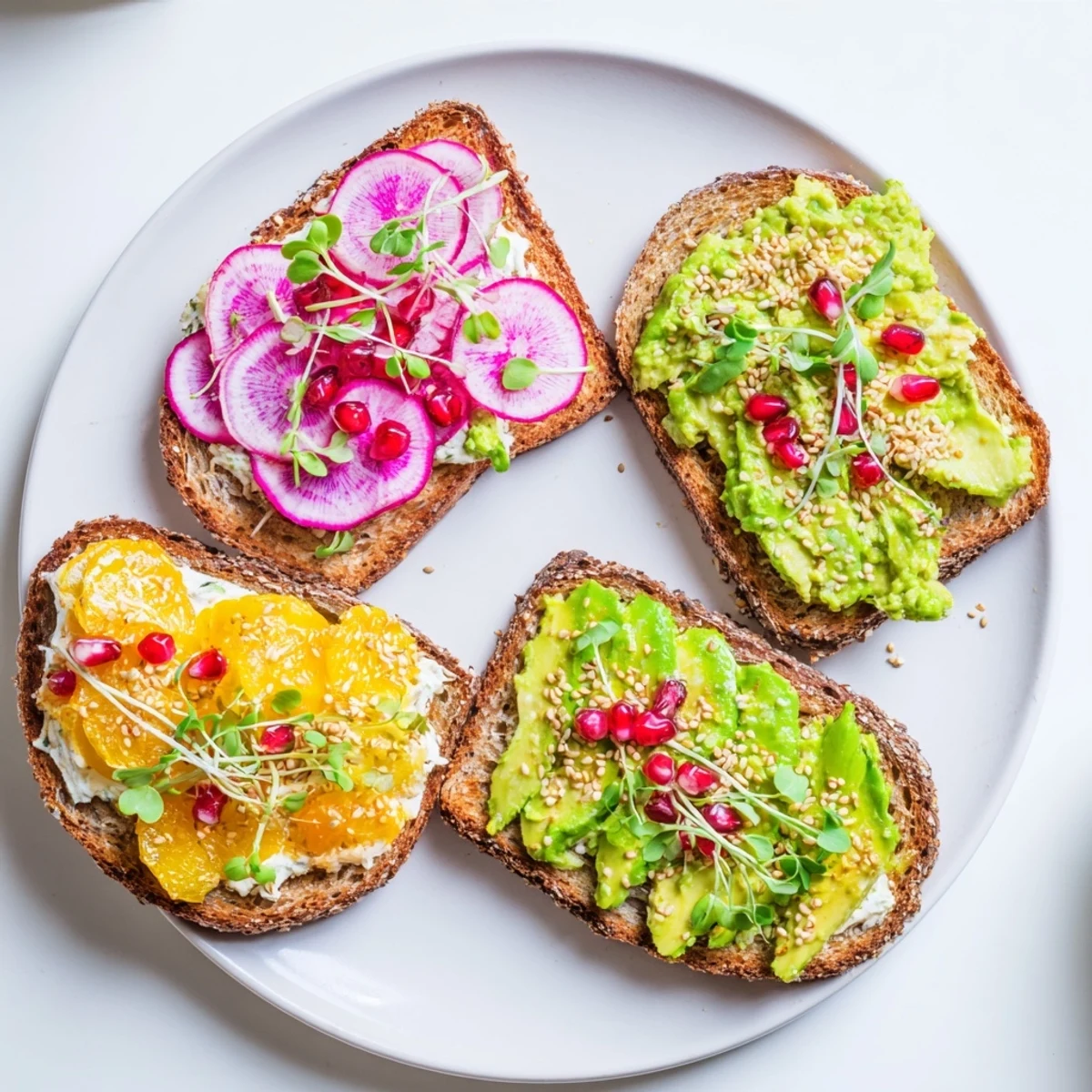 Vibrant Bright & Bold Breakfast Toasts topped with ube, avocado, and fresh radishes.  