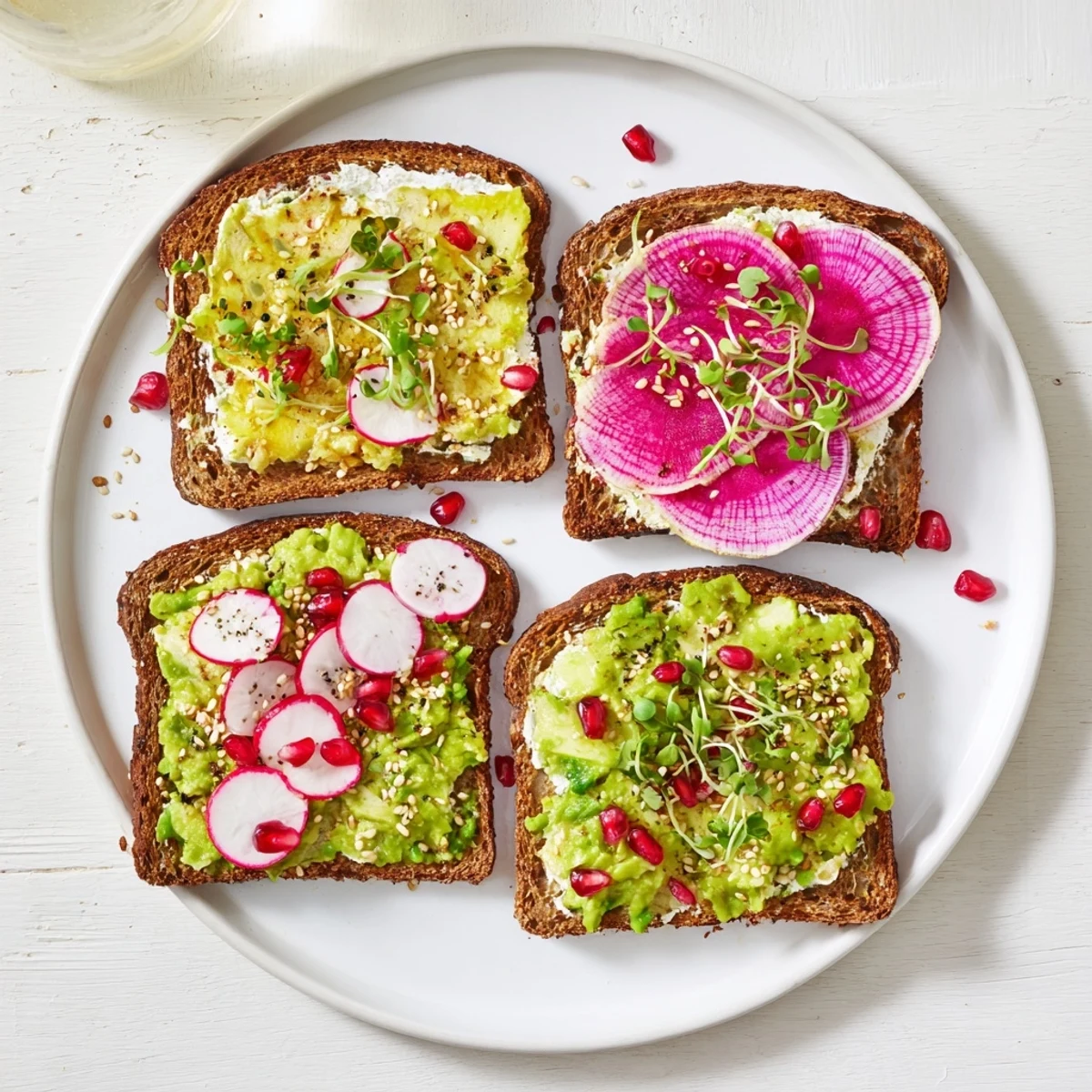 Colorful breakfast toasts with creamy ube spread, avocado, and pomegranate seeds.  