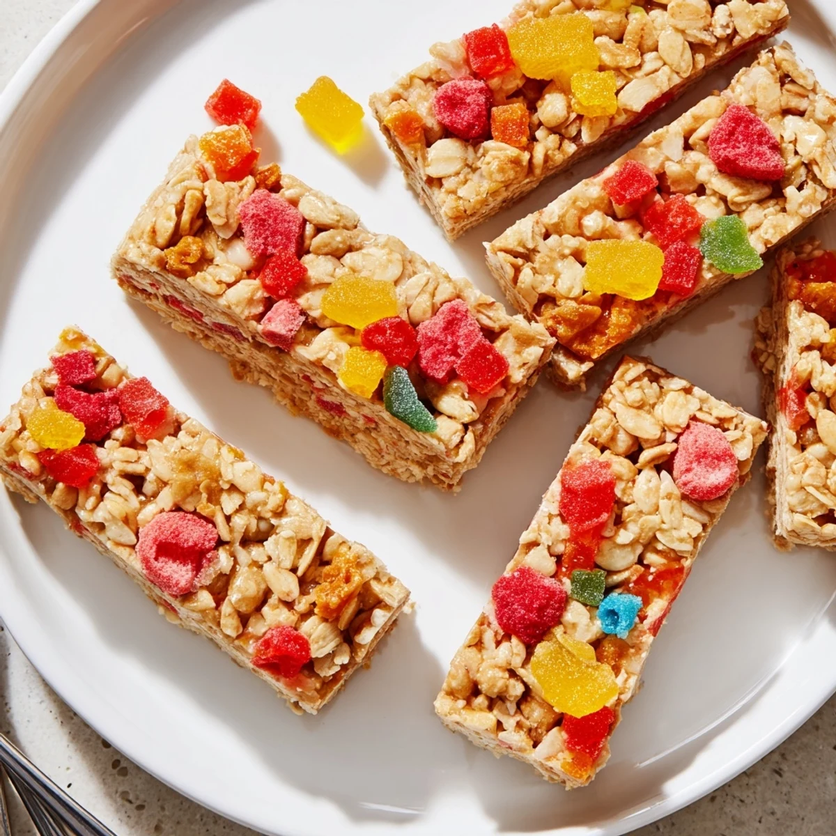 Colorful DIY snack bars topped with chewy gummies and freeze-dried candies.  