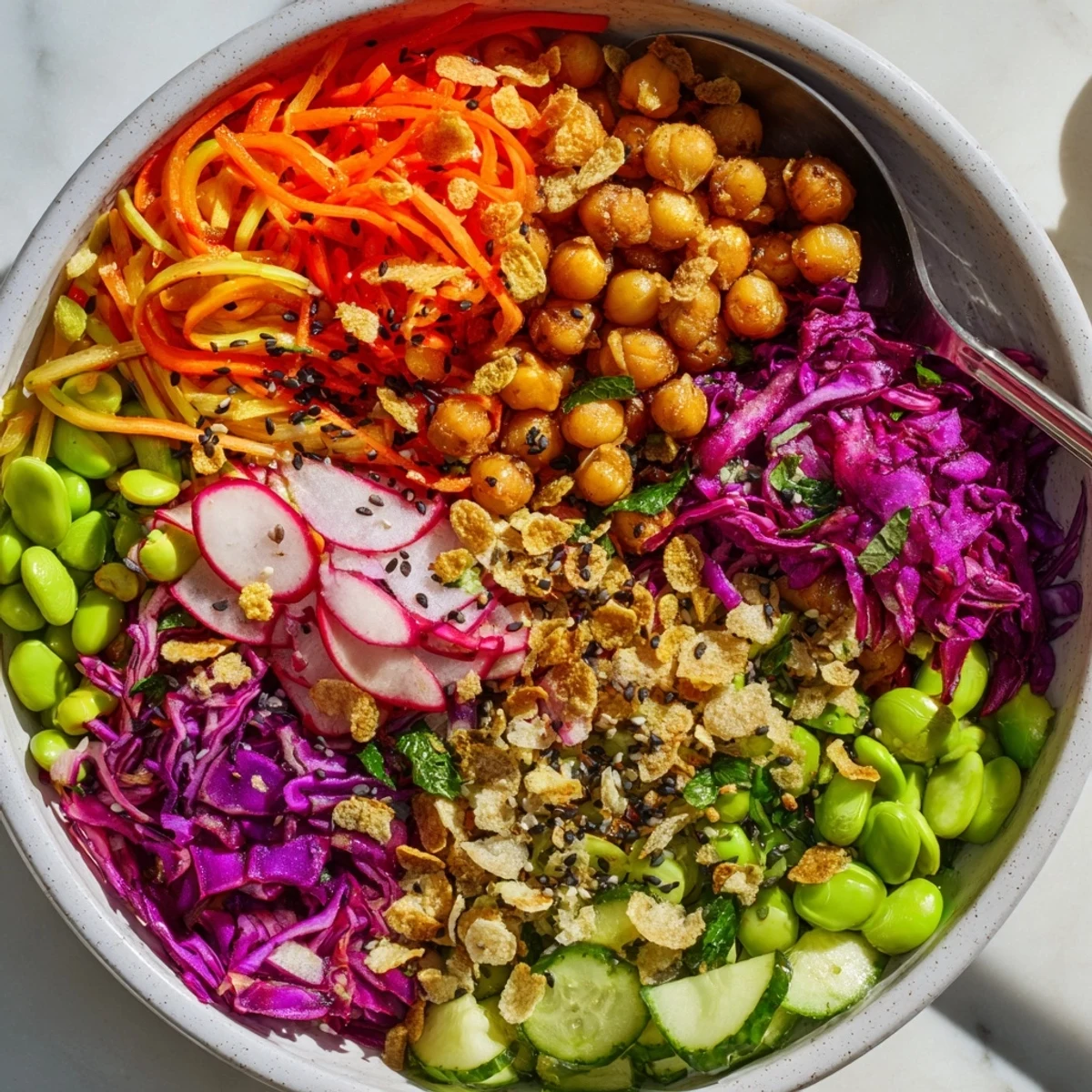 A colorful ASMR Crunch Snack Bowl brimming with vibrant vegetables and crunchy toppings.