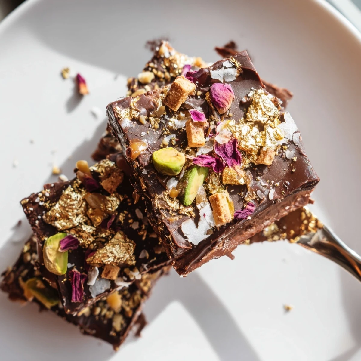 Decadent chocolate bar inspired creations topped with spiced date caramel and pistachios.  