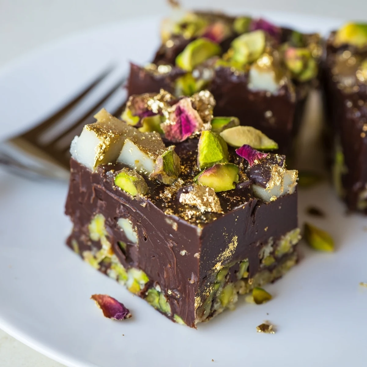 Luxurious chocolate bar inspired creations featuring a crunchy pistachio layer and caramel.
