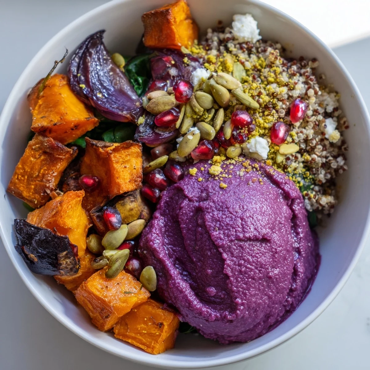 A colorful Spiced Winter Bowl brimming with roasted veggies and creamy ube-coconut purée.  