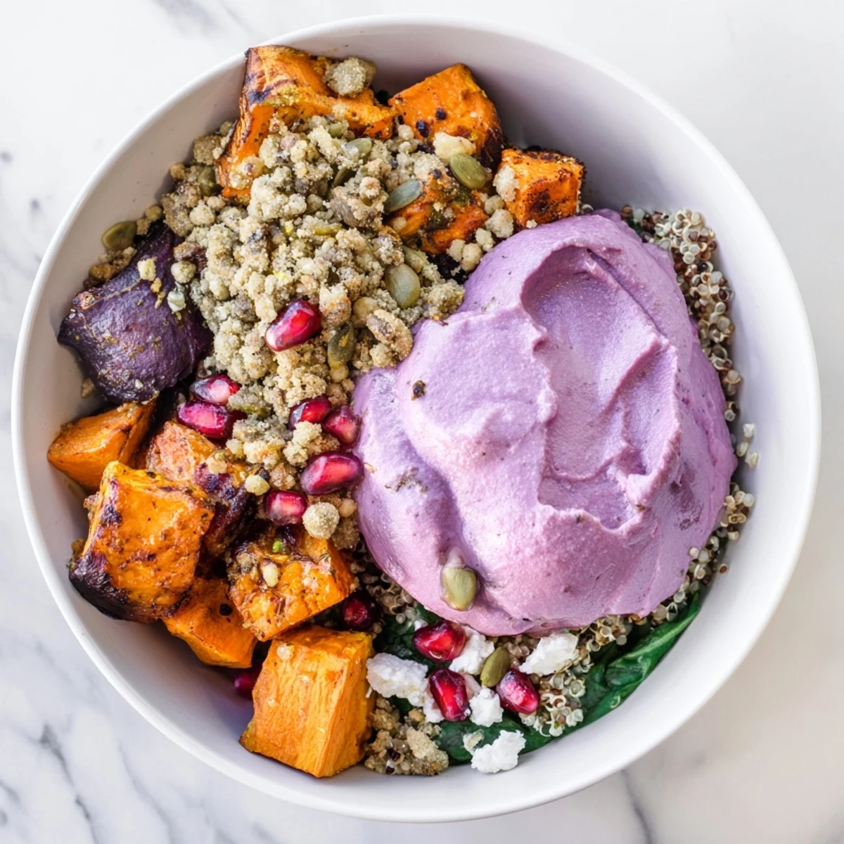 Warm, fragrant Spiced Winter Bowls topped with pistachio-maple crumble and fresh greens.  