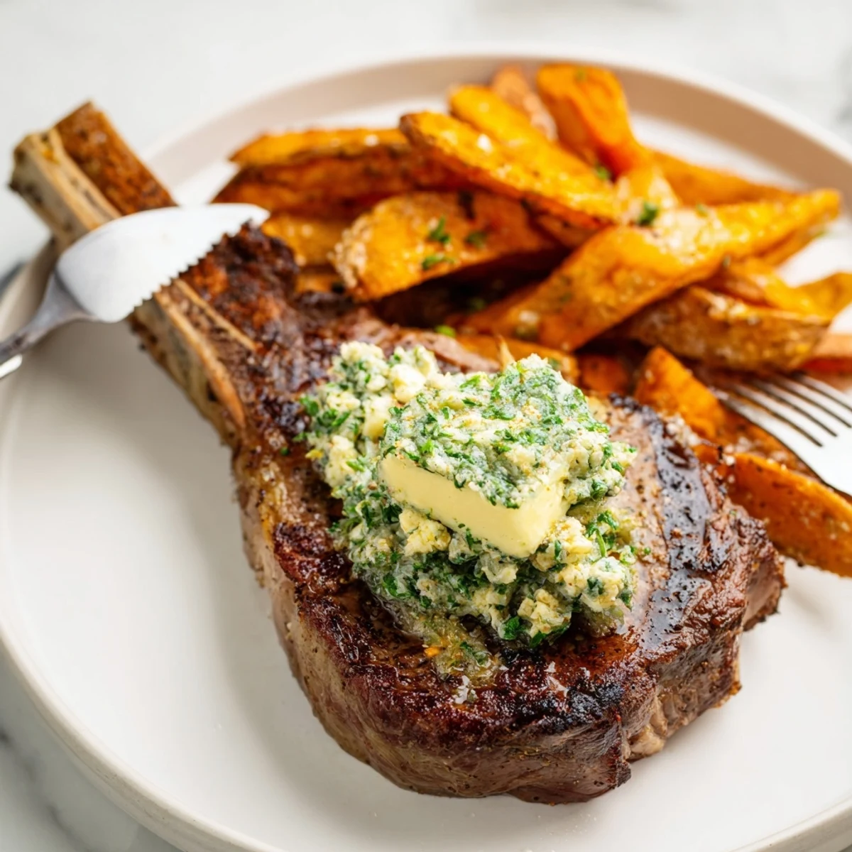 Golden fries paired with steakhouse garlic butter steak for a delectable meal.  