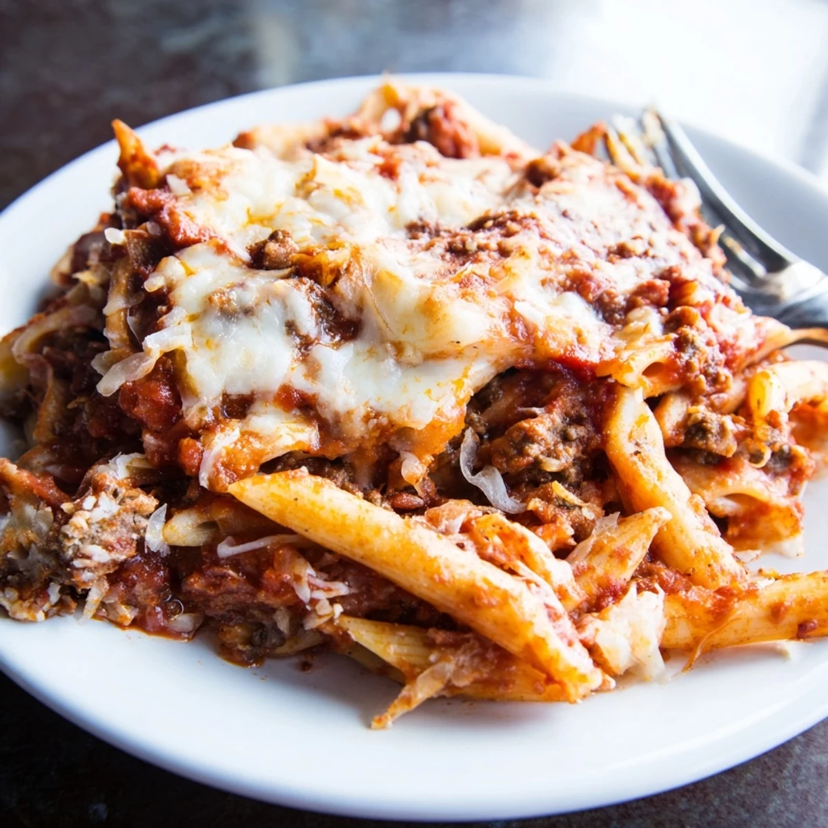 Golden Cheesy Beef & Penne Bake topped with bubbling mozzarella and savory ground beef.
