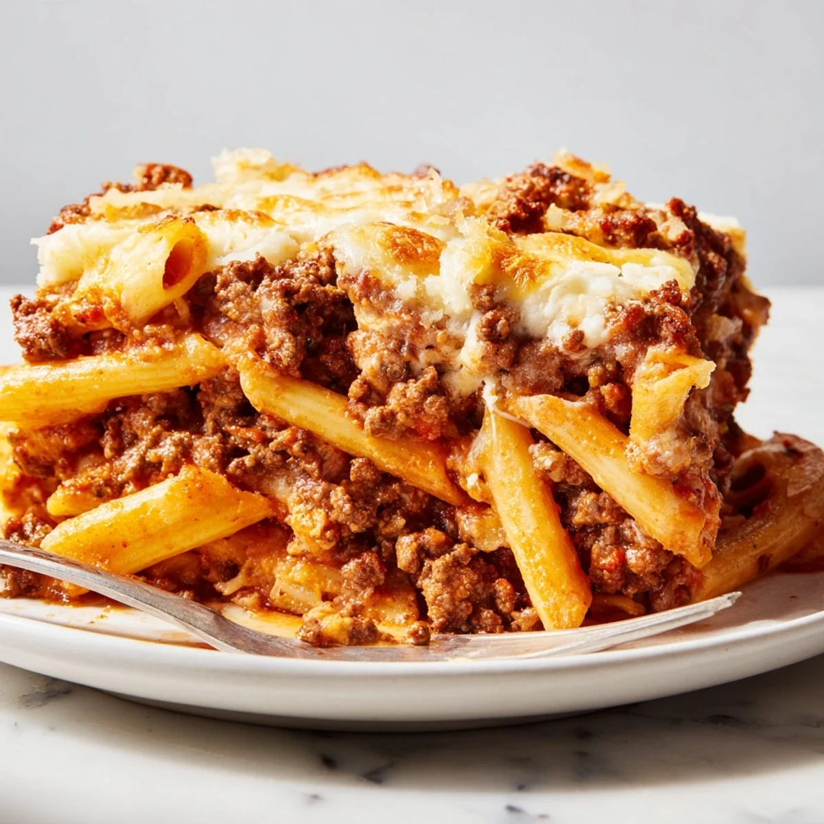 Comforting Cheesy Beef & Penne Bake served hot, rich in flavors and textures.