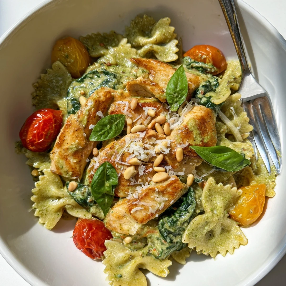 Bite-sized chicken and vibrant cherry tomatoes enhance pesto chicken bowtie pasta dish.  