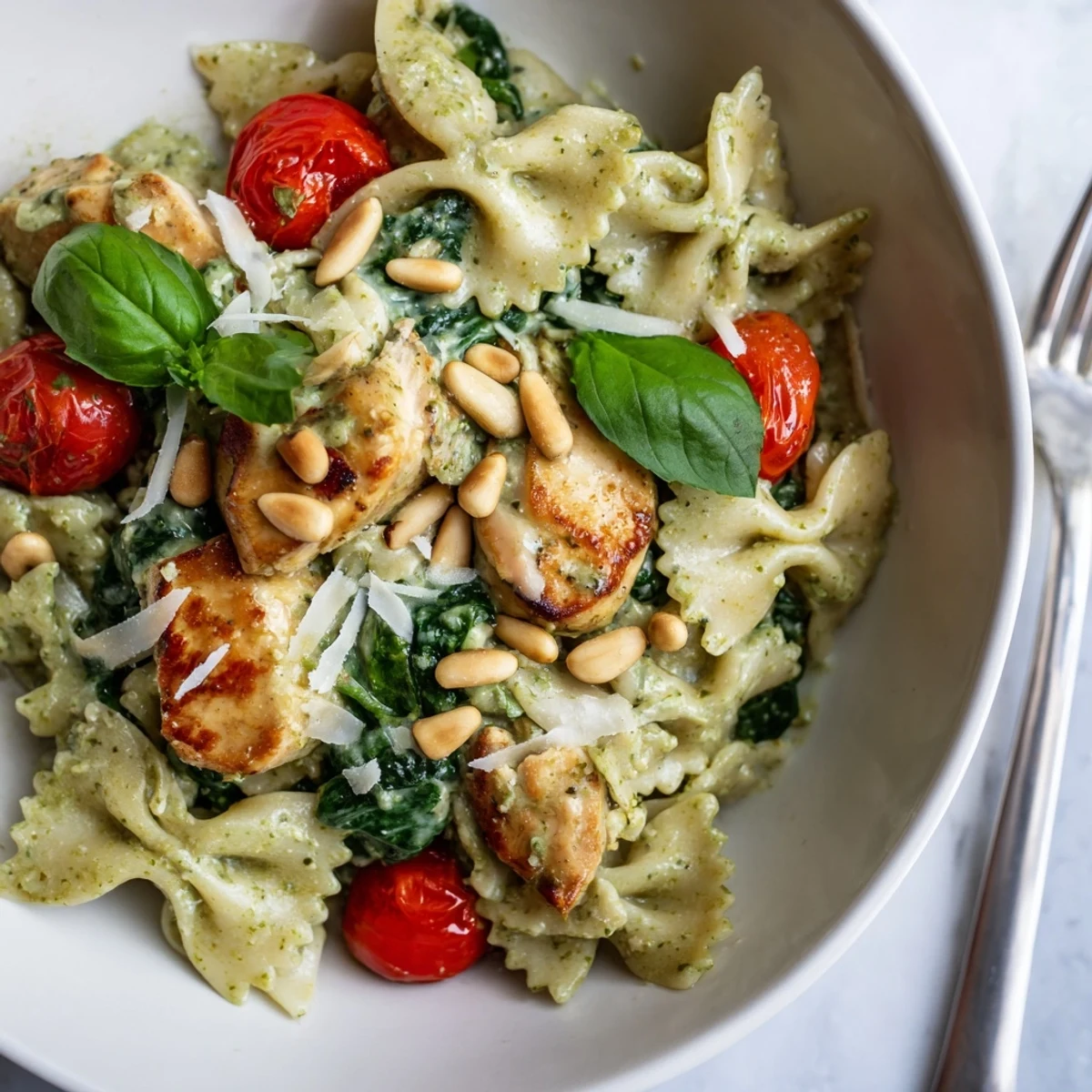 Creamy pesto chicken bowtie pasta topped with fresh basil and pine nuts.  