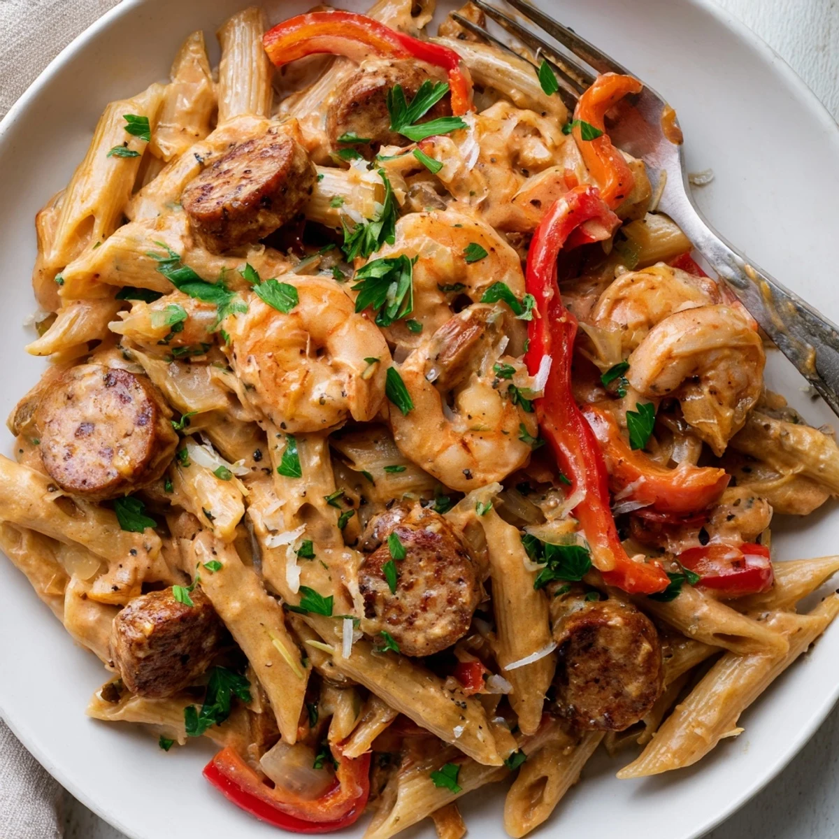 Creamy Cajun Sausage & Shrimp Alfredo Pasta Skillet garnished with fresh parsley and vibrant bell peppers.  