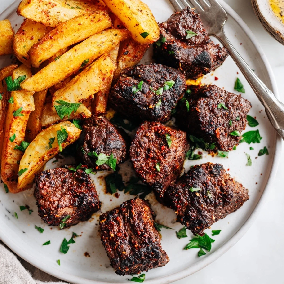Juicy blackened Cajun steak bites paired with crispy fries, a delightful meal.  